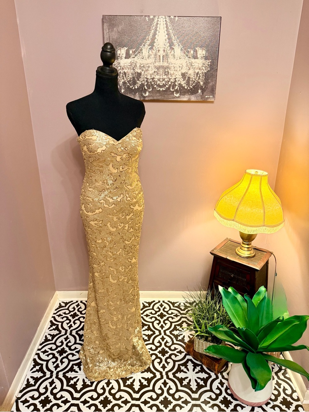 La Femme Gold Strapless Lace and Sequin Mermaid Gown